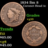 1834 Sm 8 Coronet Head Large Cent 1c Grades vg+