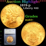 ***Auction Highlight*** 1878-p Gold Liberty Double Eagle $20 Graded ms63+ By SEGS (fc)
