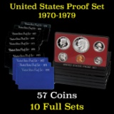 Group of 10 United States Mint Proof Sets 1970-1979 57 coins.