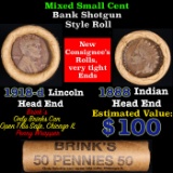 Mixed small cents 1c orig shotgun roll, 1918-d Wheat Cent, 1888 Indian Cent other end, Brinks Wrappe