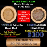 Mixed small cents 1c orig shotgun roll, 1917-s Wheat Cent, 1890 Indian Cent other end, brinks Wrappe