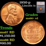1950-p Lincoln Cent 1c Graded ms66+ rd By SEGS