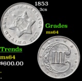 1853 Three Cent Silver 3cs Grades Choice Unc