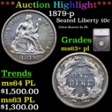 ***Auction Highlight*** 1879-p Seated Liberty Dime 10c Graded ms63+ pl By SEGS (fc)