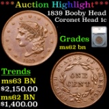 ***Auction Highlight*** 1839 Booby Head Coronet Head Large Cent 1c Graded ms62 bn By SEGS (fc)