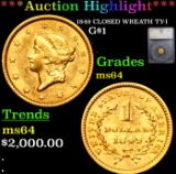 ***Auction Highlight*** 1849 CLOSED WREATH Gold Dollar TY-I $1 Graded ms64 By SEGS (fc)