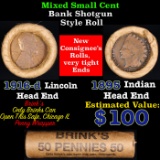 Mixed small cents 1c orig shotgun roll, 1916-d Wheat Cent, 1895 Indian Cent other end, Brinks Wrappe