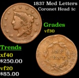 1837 Med Letters Coronet Head Large Cent 1c Grades vf++