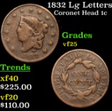 1832 Lg Letters Coronet Head Large Cent 1c Grades vf+