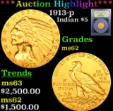 ***Auction Highlight*** 1913-p Gold Indian Half Eagle $5 Graded Select Unc By USCG (fc)