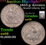 ***Auction Highlight*** 1853-p Arrows & Rays Seated Half Dollar 50c Graded au58 By SEGS (fc)