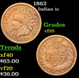 1862 Indian Cent 1c Grades vf++