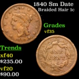 1840 Sm Date Braided Hair Large Cent 1c Grades vf++