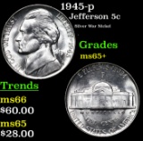 1945-p Jefferson Nickel 5c Grades GEM+ Unc