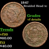 1847 13 Stars Braided Hair Large Cent 1c Grades vf details