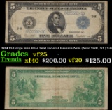 1914 $5 Large Size Blue Seal Federal Reserve Note (New York, NY) 2-B Grades vf+