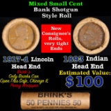 Mixed small cents 1c orig shotgun roll, 1917-d Wheat Cent, 1893 Indian Cent other end, Brinks Wrappe