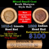 Mixed small cents 1c orig shotgun roll, 1918-d Lincoln cent, 1899 Indian Cent other end, Brinks Wrap