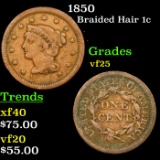 1850 Braided Hair Large Cent 1c Grades vf+