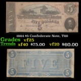 1864 $5 Confederate Note, T69 Grades vf+