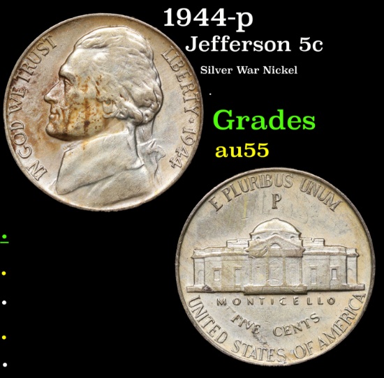 1944-p Jefferson Nickel 5c Grades Choice AU