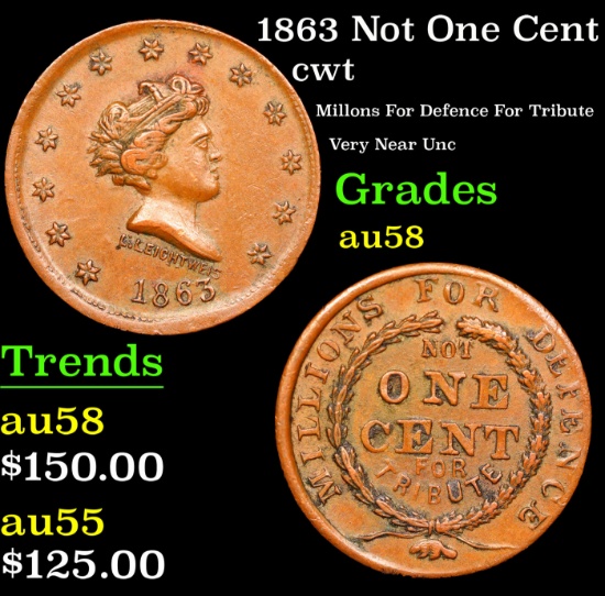 1863 Not One Cent Civil War Token 1c Grades Choice AU/BU Slider