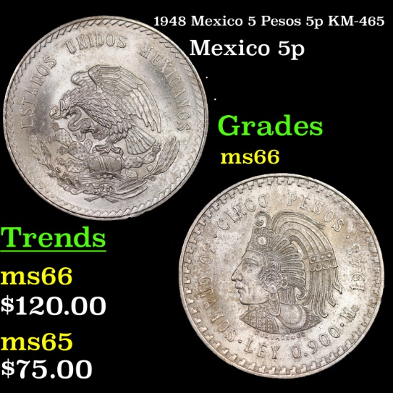 1948 Mexico 5 Pesos 5p KM-465 Grades GEM+ Unc