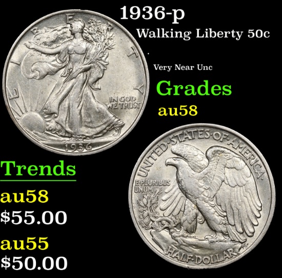 1936-p Walking Liberty Half Dollar 50c Grades Choice AU/BU Slider