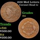 1830 Med Letters Coronet Head Large Cent 1c Grades f+