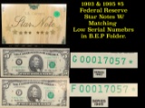 Pair of 1993 & 1995 $5 Federal Reserve Star Notes With Matching Low Serials Gem+ CU in B.E.P Folder.