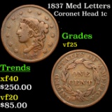 1837 Med Letters Coronet Head Large Cent 1c Grades vf+