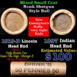 Mixed small cents 1c orig shotgun roll, 1919-d Wheat Cent, 1897 Indian Cent other end, Brinks Wrappe