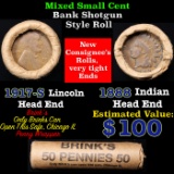 Mixed small cents 1c orig shotgun roll, 1917-s Wheat Cent, 1888 Indian Cent other end, Brinks Wrappe