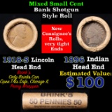 Mixed small cents 1c orig shotgun roll, 1918-d Wheat Cent, 1896 Indian Cent other end, Brinks Wrappe