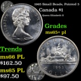 1965 Small Beads, Pointed 5 Canada Dollar $1 Grades GEM+ PL