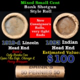 Mixed small cents 1c orig shotgun roll, 1919-d Wheat Cent, 1893 Indian Cent other end, Brinks Wrappe