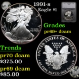 Proof 1991-s Silver Eagle Dollar $1 Graded pr69+ dcam By SEGS