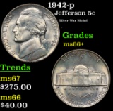 1942-p Jefferson Nickel 5c Grades GEM++ Unc