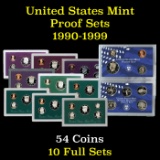 Group of 10 United States Mint Proof Sets 1990-1999 54 coins.