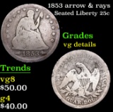 1853 arrow & rays Seated Liberty Quarter 25c Grades vg details