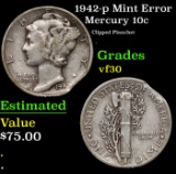 1942-p Mercury Dime Mint Error 10c Grades vf++