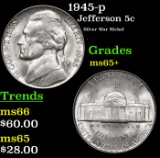 1945-p Jefferson Nickel 5c Grades GEM+ Unc