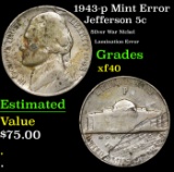 1943-p Jefferson Nickel Mint Error 5c Grades xf