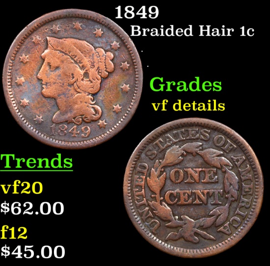 1849 Braided Hair Large Cent 1c Grades vf details