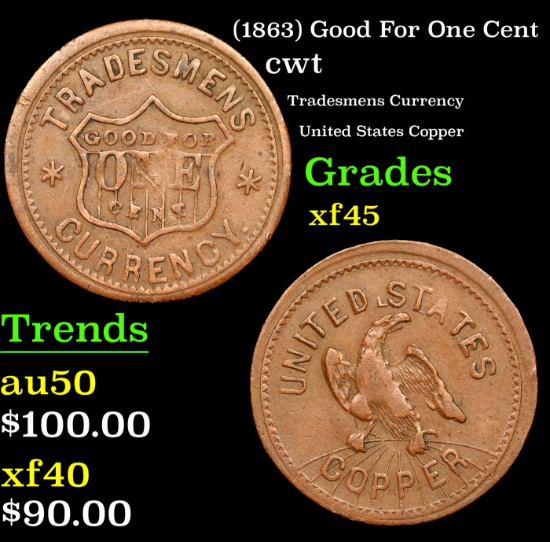 (1863) Good For One Cent Civil War Token 1c Grades xf+