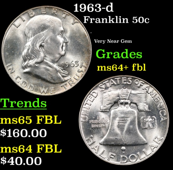 1963-d Franklin Half Dollar 50c Grades Choice Unc+ FBL