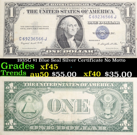1935G $1 Blue Seal Silver Certificate No Motto Grades xf+