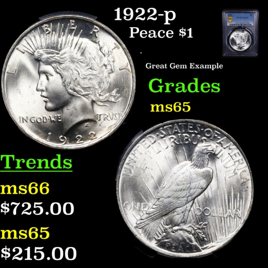 PCGS 1922-p Peace Dollar $1 Graded ms65 By PCGS