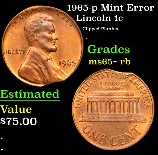 1965-p Lincoln Cent Mint Error 1c Grades Gem+ Unc RB