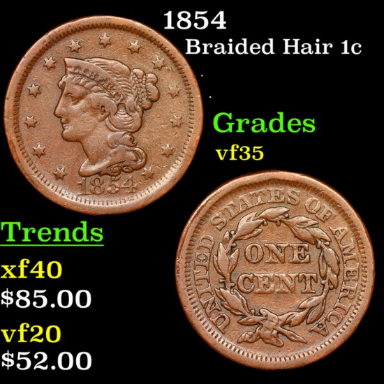 1854 Braided Hair Large Cent 1c Grades vf++